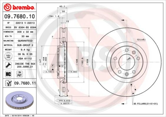 Disc frana punte fata (09768011 ABS) PEUGEOT