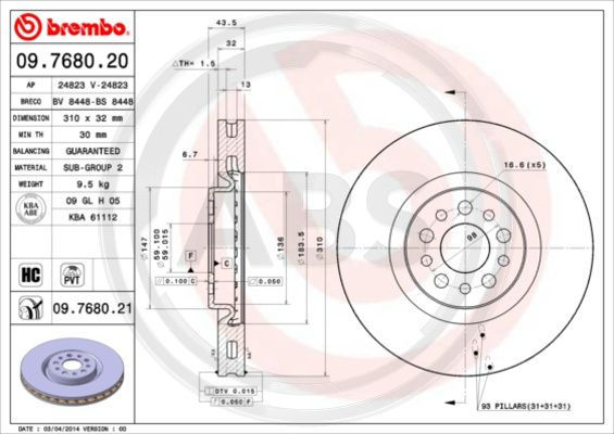 Disc frana punte fata (09768021 ABS) Citroen,FIAT,LANCIA,PEUGEOT