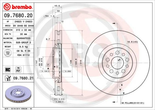 Disc frana punte fata (09768021 ABS) Citroen,FIAT,LANCIA,PEUGEOT