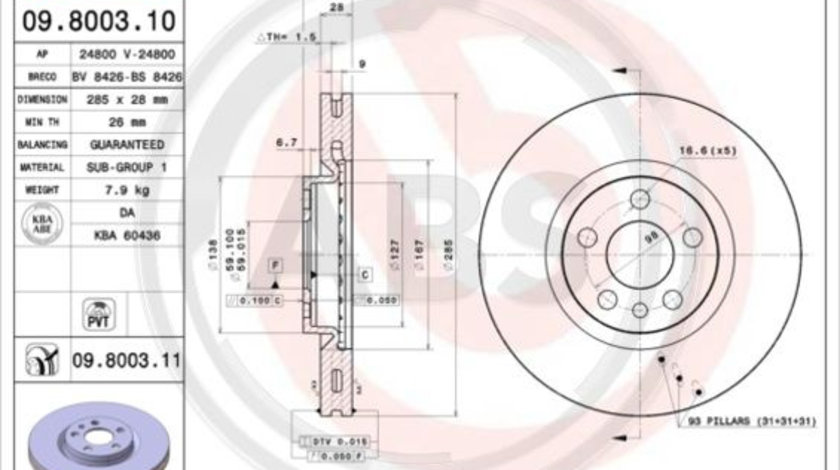 Disc frana punte fata (09800311 ABS) Citroen,FIAT,LANCIA,PEUGEOT