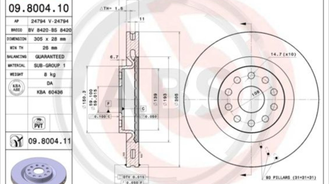 Disc frana punte fata (09800411 ABS) LANCIA