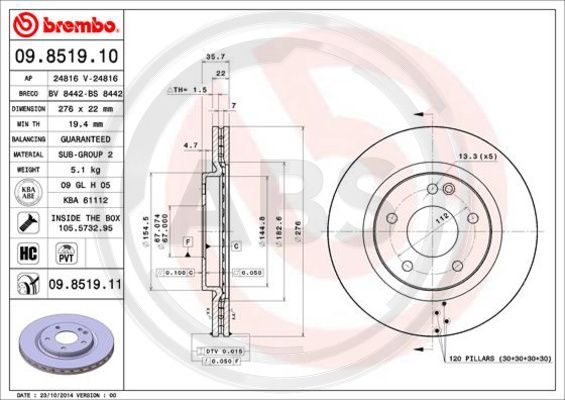 Disc frana punte fata (09851911 ABS) MERCEDES-BENZ