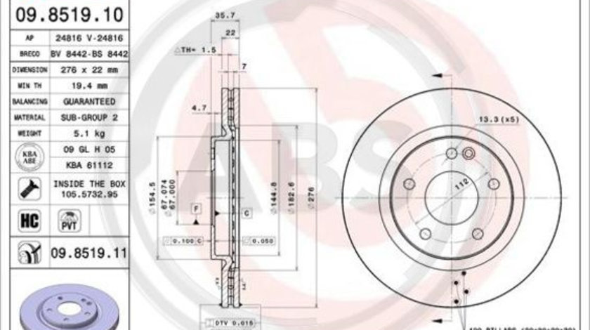 Disc frana punte fata (09851911 ABS) MERCEDES-BENZ