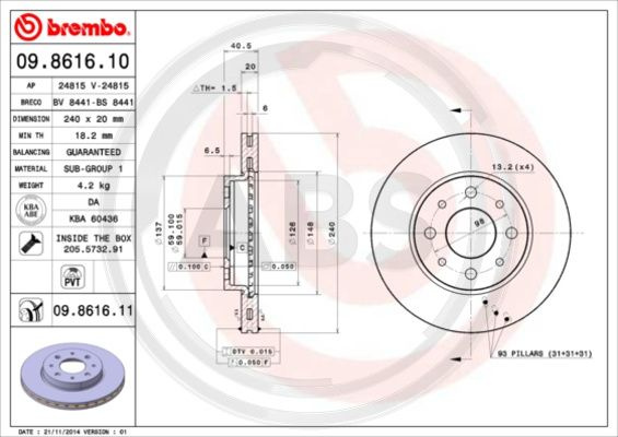 Disc frana punte fata (09861611 ABS) FIAT,FORD