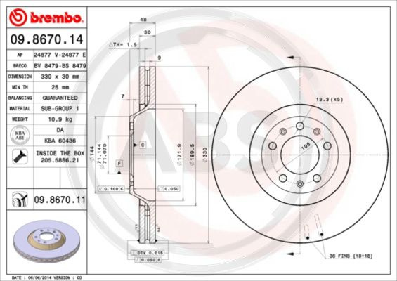 Disc frana punte fata (09867011 ABS) Citroen,PEUGEOT