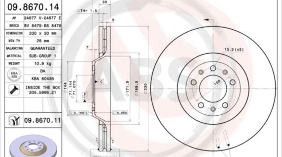 Disc frana punte fata (09867011 ABS) Citroen,PEUGEOT