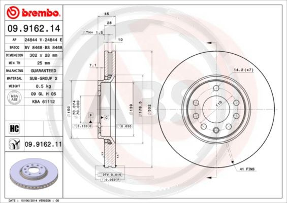 Disc frana punte fata (09916211 ABS) CADILLAC,CHEVROLET,OPEL,SAAB,VAUXHALL