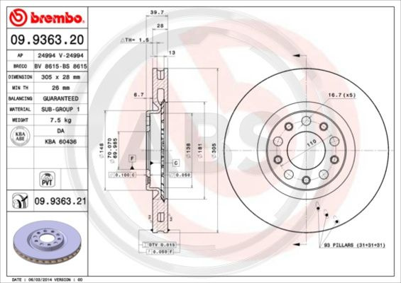 Disc frana punte fata (09936321 ABS) ALFA ROMEO,CHRYSLER