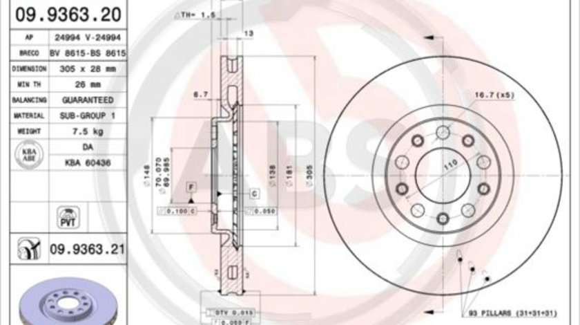 Disc frana punte fata (09936321 ABS) ALFA ROMEO,CHRYSLER