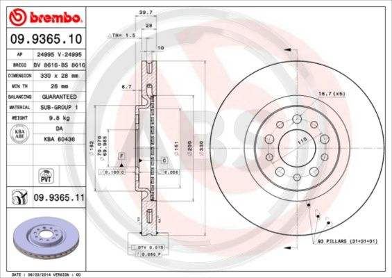 Disc frana punte fata (09936511 ABS) ALFA ROMEO
