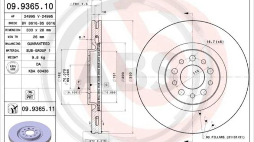 Disc frana punte fata (09936511 ABS) ALFA ROMEO