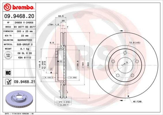 Disc frana punte fata (09946821 ABS) MAZDA