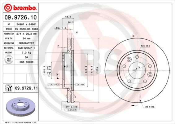 Disc frana punte fata (09972611 ABS) KIA