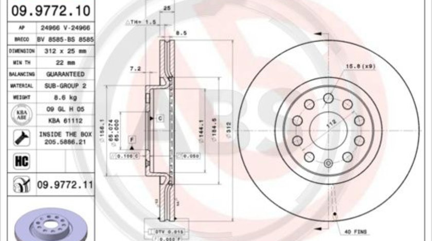 Disc frana punte fata (09977211 ABS) AUDI,AUDI (FAW),CUPRA,SEAT,SKODA,SKODA (SVW),VW,VW (FAW),VW (SVW)