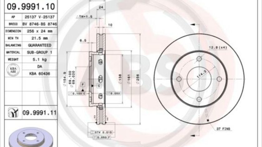 Disc frana punte fata (09999111 ABS) MITSUBISHI,SMART