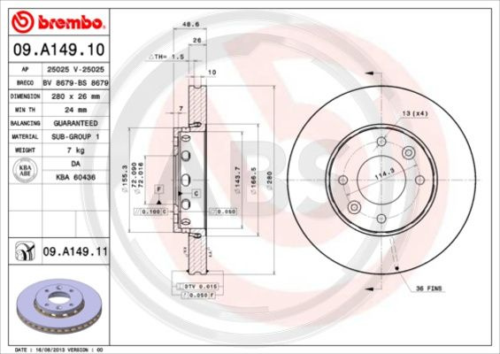 Disc frana punte fata (09A14911 ABS) KIA