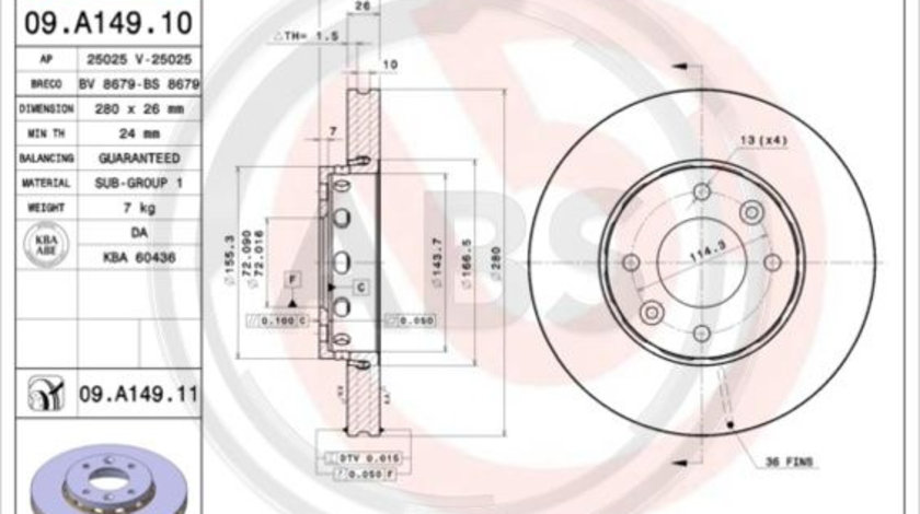 Disc frana punte fata (09A14911 ABS) KIA