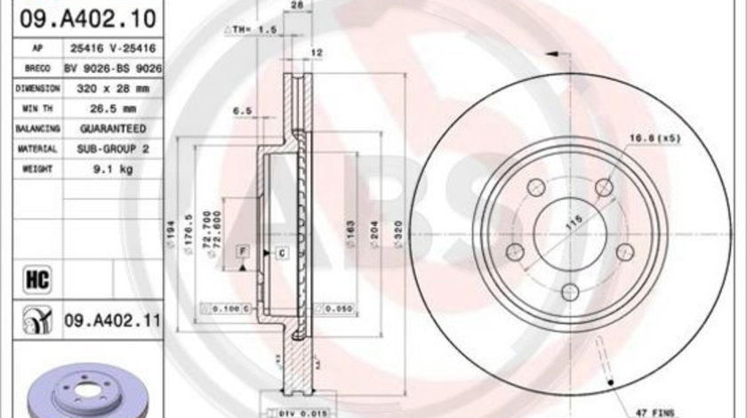 Disc frana punte fata (09A40211 ABS) CHRYSLER,DODGE