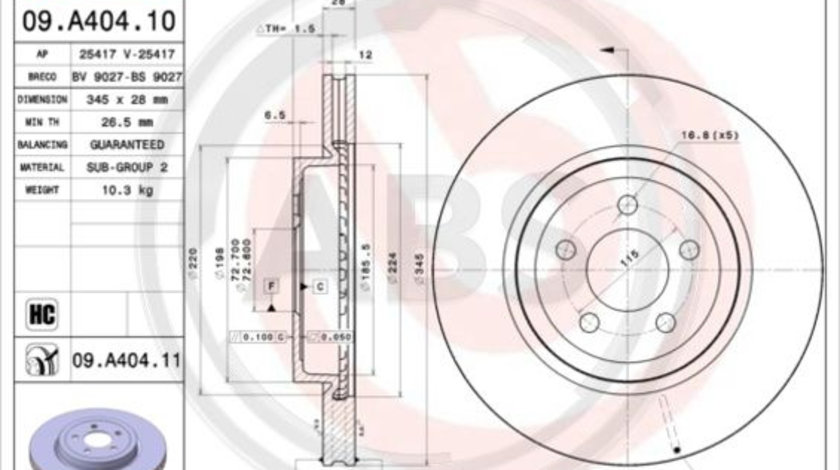 Disc frana punte fata (09A40411 ABS) CHRYSLER,CHRYSLER (BBDC),DODGE,LANCIA