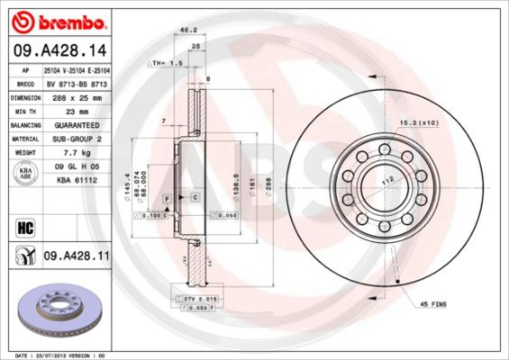 Disc frana punte fata (09A42811 ABS) SKODA,VW