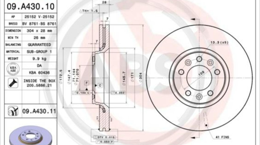 Disc frana punte fata (09A43011 ABS) Citroen,Citroen (DF-PSA),FIAT,PEUGEOT,TOYOTA