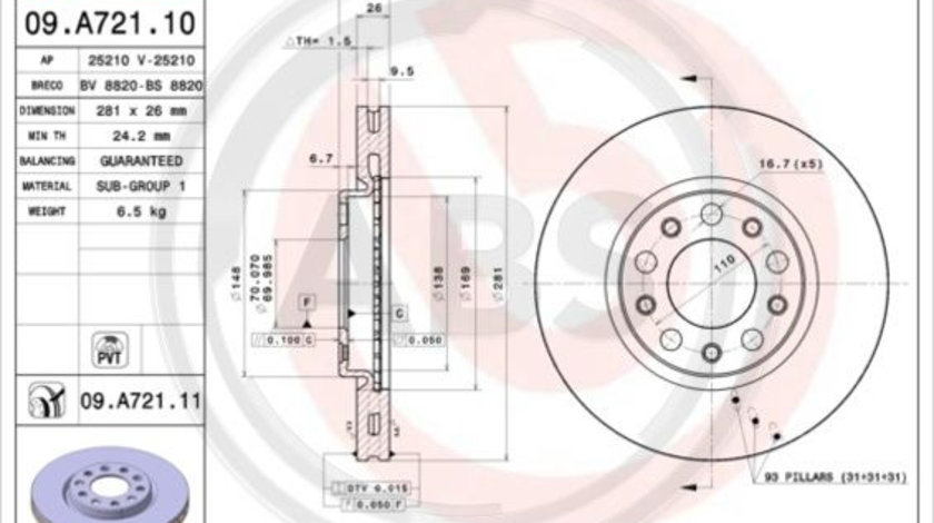 Disc frana punte fata (09A72111 ABS) ALFA ROMEO,FIAT,JEEP