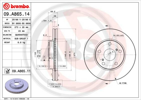Disc frana punte fata (09A86511 ABS) TOYOTA