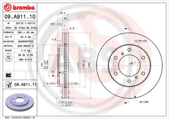 Disc frana punte fata (09A91111 ABS) MITSUBISHI
