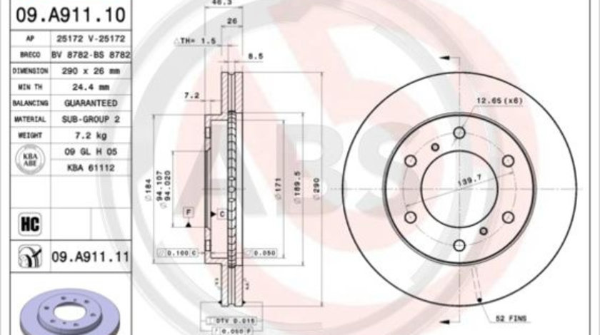 Disc frana punte fata (09A91111 ABS) MITSUBISHI