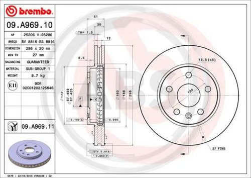 Disc frana punte fata (09A96911 ABS) BUICK (SGM),CHEVROLET,CHEVROLET (SGM),OPEL,SAAB,VAUXHALL