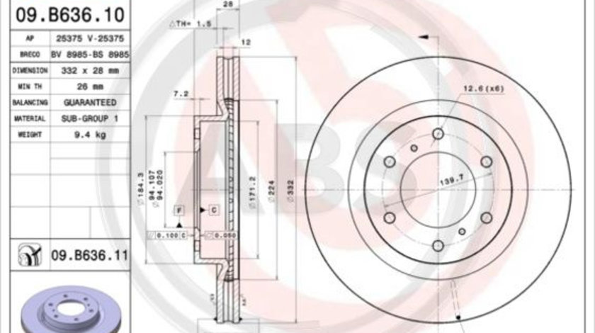 Disc frana punte fata (09B63611 ABS) MITSUBISHI