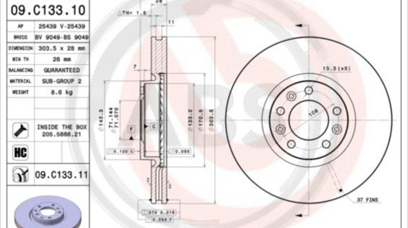 Disc frana punte fata (09C13311 ABS) Citroen,DS,OPEL,PEUGEOT,PEUGEOT (DF-PSA),TOYOTA,VAUXHALL