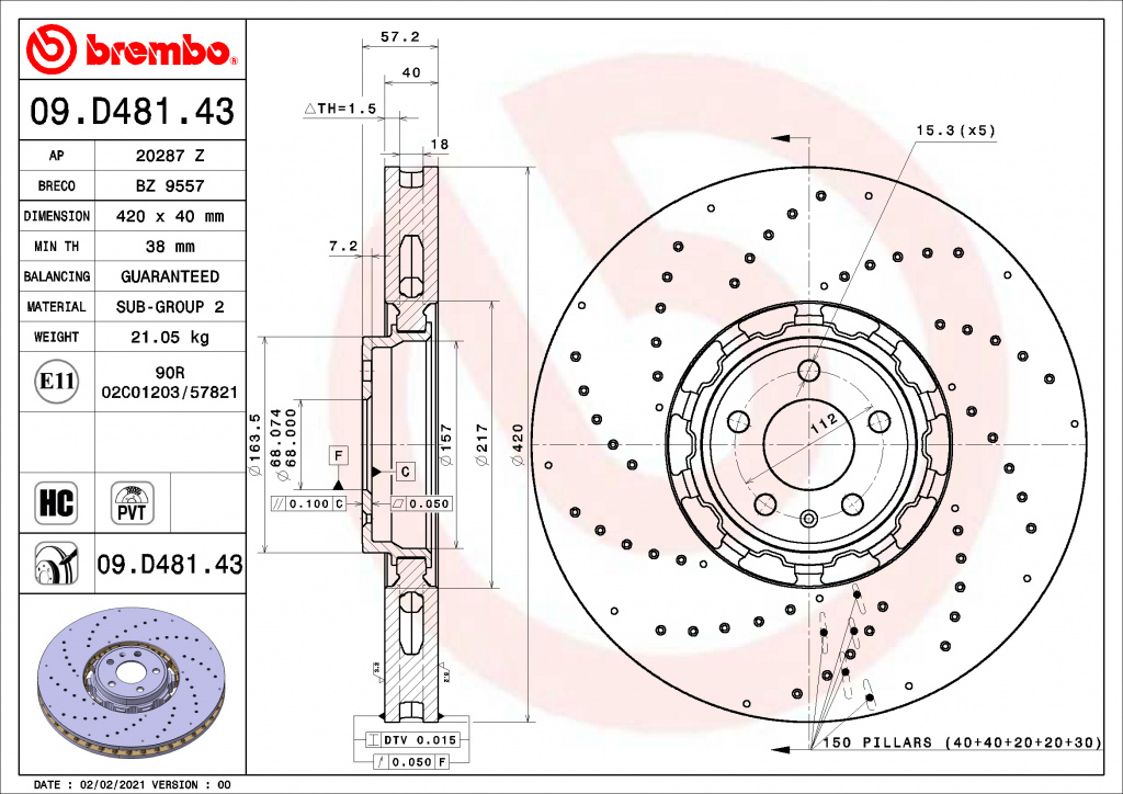 Disc frana punte fata (09D48143 BREMBO) AUDI