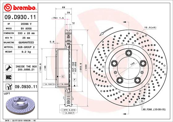 Disc frana punte fata (09D93011 BREMBO) PORSCHE