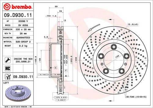 Disc frana punte fata (09D93011 BREMBO) PORSCHE