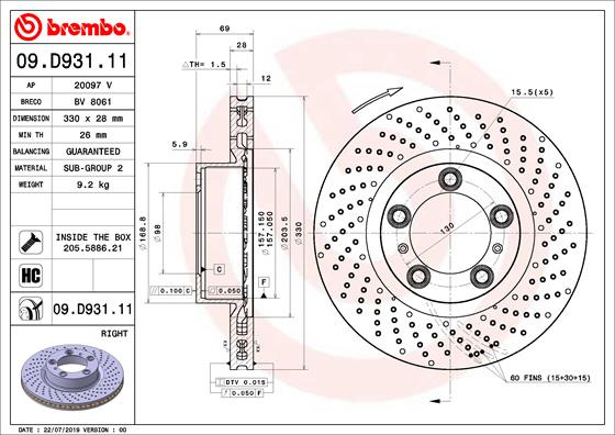 Disc frana punte fata (09D93111 BREMBO) PORSCHE
