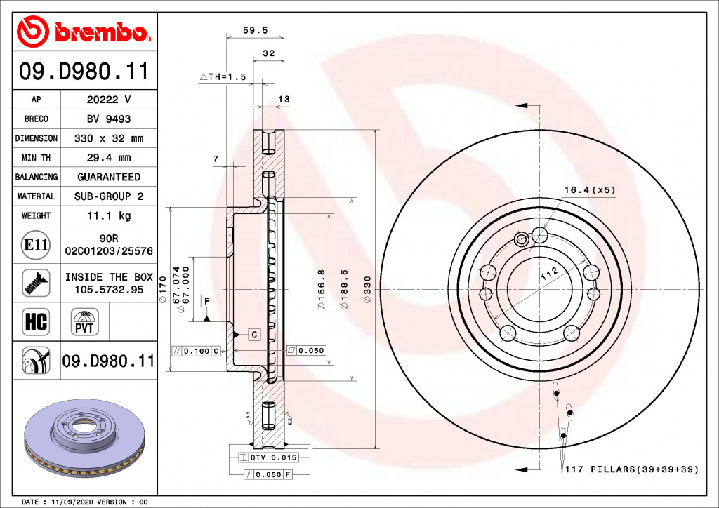 Disc frana punte fata (09D98011 BREMBO) MERCEDES-BENZ