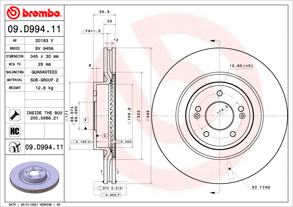 Disc frana punte fata (09D99411 BREMBO) GENESIS,KIA