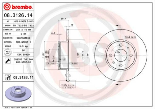 Disc frana puntea spate (08312611 ABS) ALFA ROMEO,FIAT,LANCIA