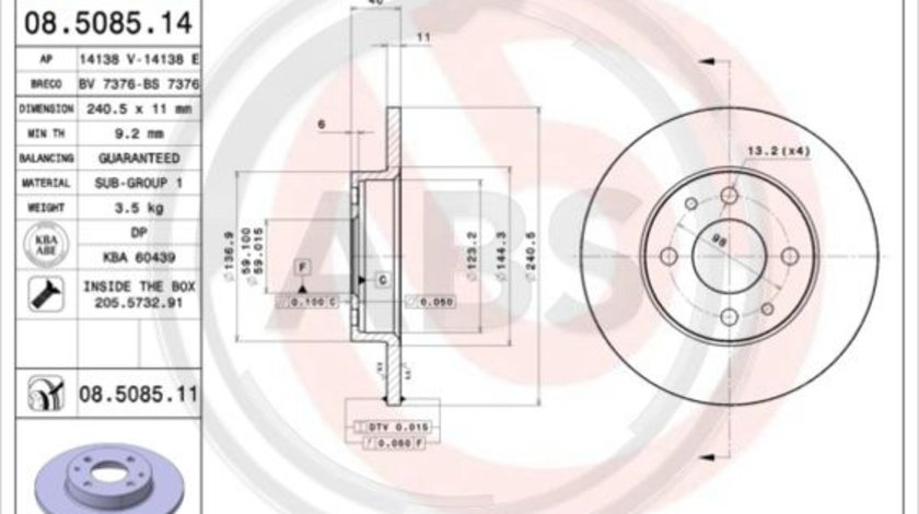 Disc frana puntea spate (08508511 ABS) ABARTH,ALFA ROMEO,FIAT,FORD,LANCIA,YUGO,ZASTAVA