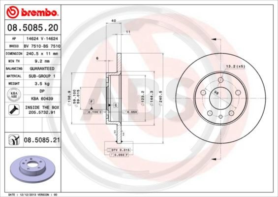 Disc frana puntea spate (08508521 ABS) ALFA ROMEO