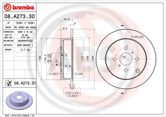 Disc frana puntea spate (08A27331 ABS) TOYOTA