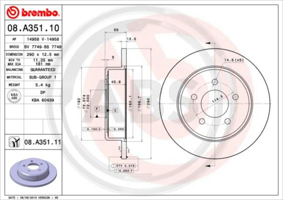 Disc frana puntea spate (08A35111 ABS) CHRYSLER,CHRYSLER (SOUEAST),DODGE