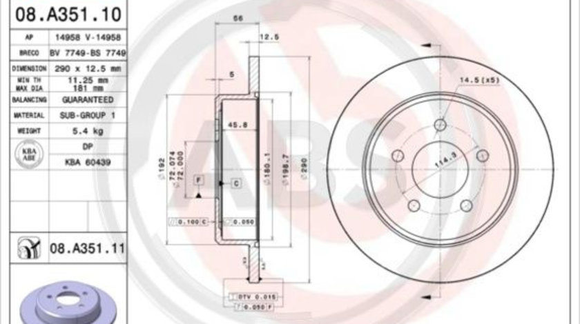 Disc frana puntea spate (08A35111 ABS) CHRYSLER,CHRYSLER (SOUEAST),DODGE