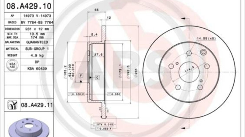 Disc frana puntea spate (08A42911 ABS) LEXUS,TOYOTA,TOYOTA (FAW)