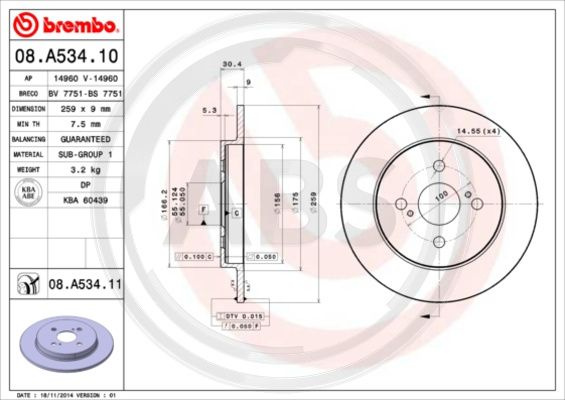 Disc frana puntea spate (08A53411 ABS) ASTON MARTIN,TOYOTA