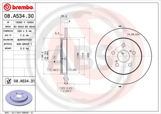 Disc frana puntea spate (08A53431 ABS) LEXUS,SUBARU,TOYOTA