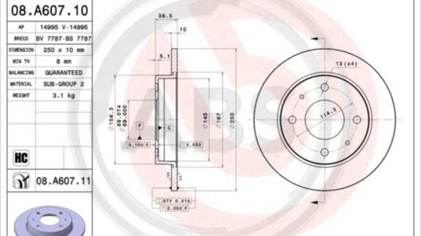 Disc frana puntea spate (08A60711 ABS) MITSUBISHI,SMART