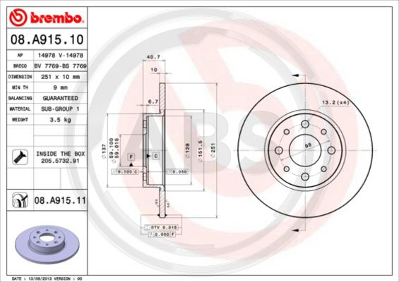Disc frana puntea spate (08A91511 ABS) ALFA ROMEO