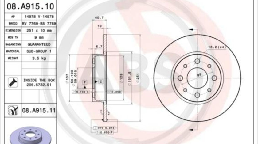 Disc frana puntea spate (08A91511 ABS) ALFA ROMEO